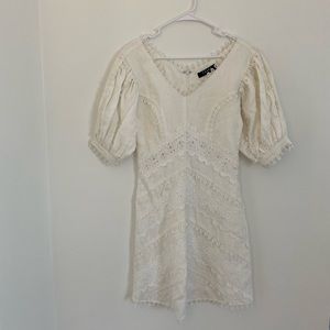 CREAM LINEN MINI DRESS PUFF SLEEVES